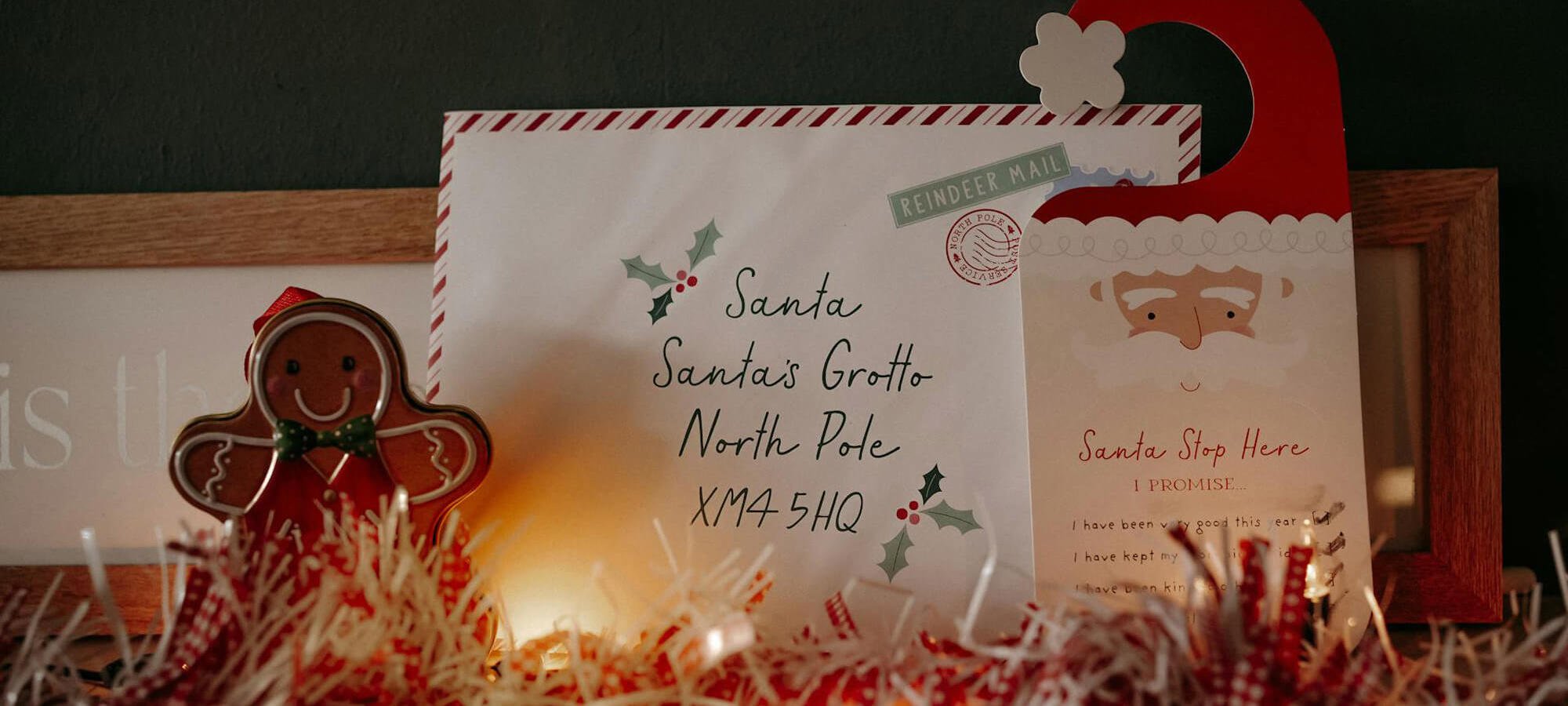 Festive christmas decor with gingerbread man and a letter to Santa