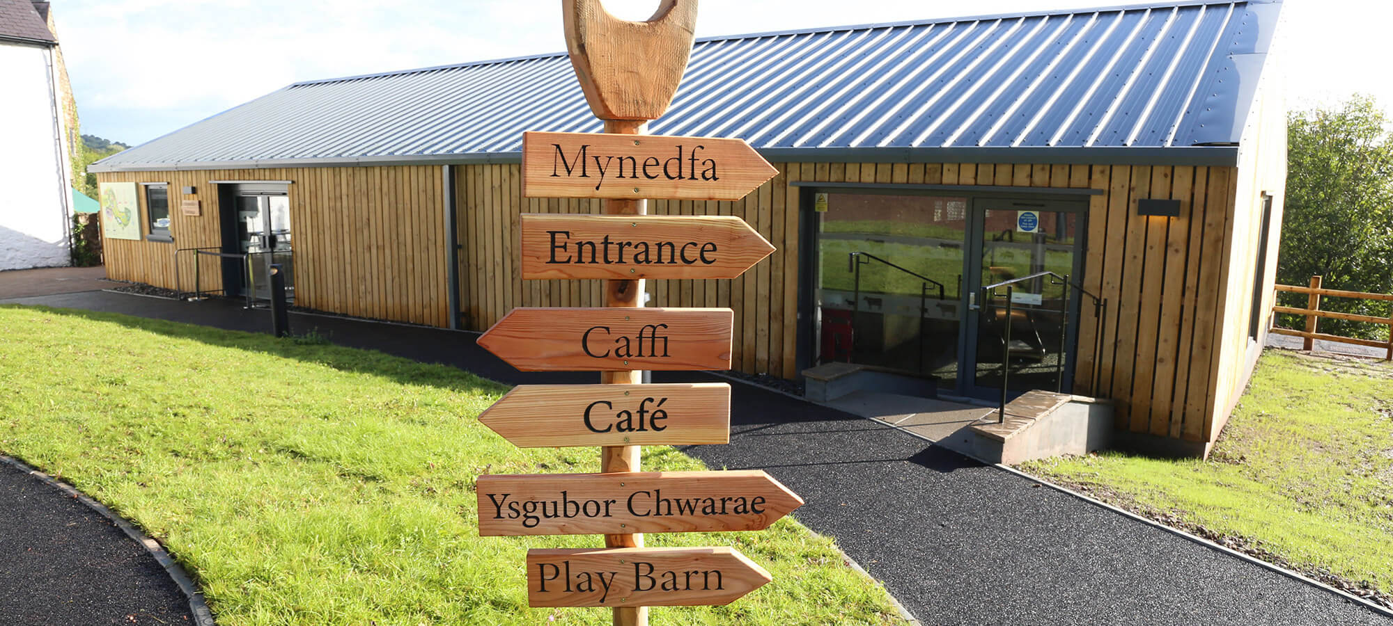 Direction sign showing the way to the entrance, cafe and play barn