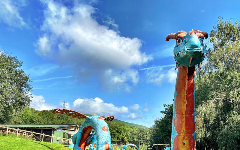 Greenmeadow Farm large colourful dragon sculpture